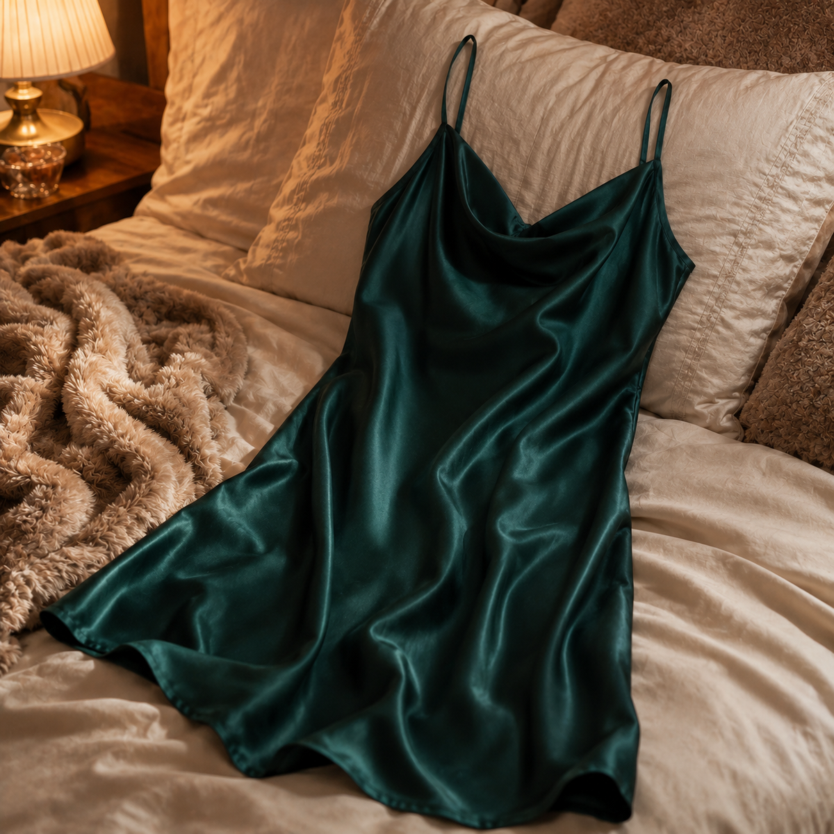 A dark teal green satin slip dress with thin spaghetti straps, draped on a bed with beige bedding and a textured throw blanket.