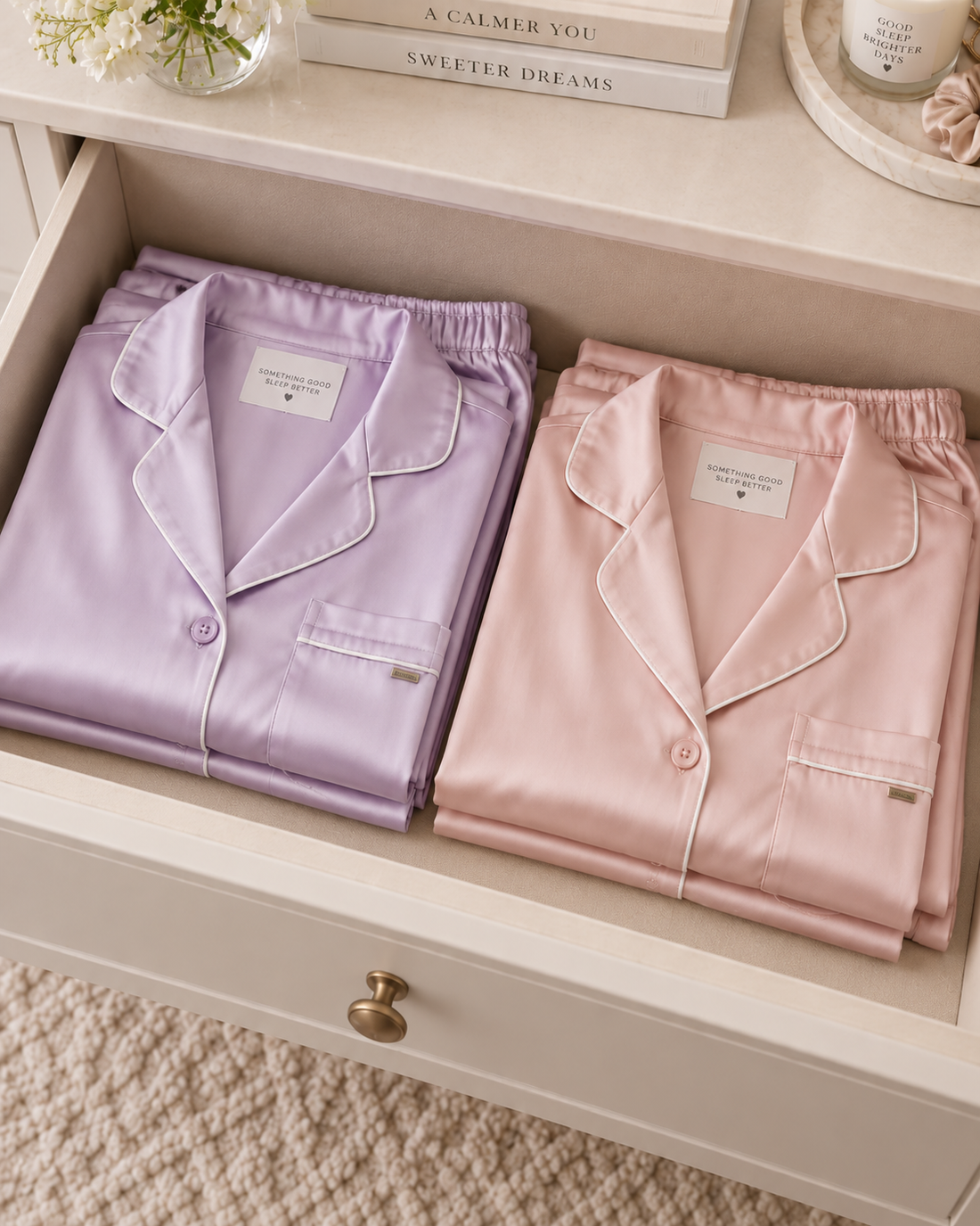 Organized pajama drawer with pastel matching pajama sets