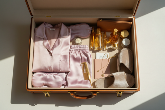 An open suitcase containing a neatly folded pink or lavender Signature Pajama Set, toiletries and travel accessories.