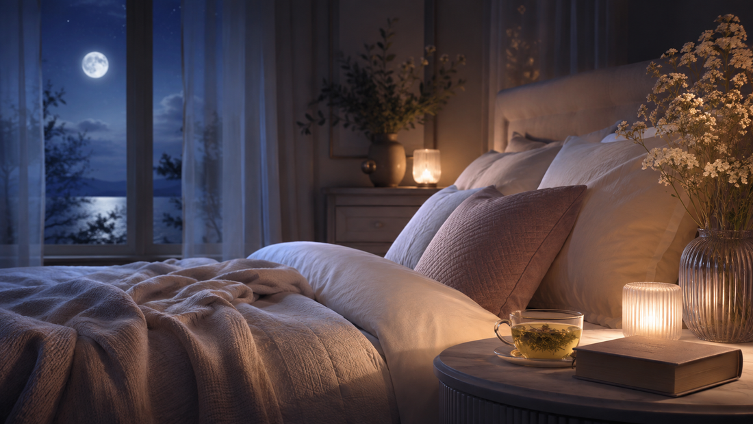 Relaxing bedroom with candles lit, comfy bed and two potted flowers, chamomile tea and book on the nightstand. The window to the side of the bed is open showing a moonlit night sky