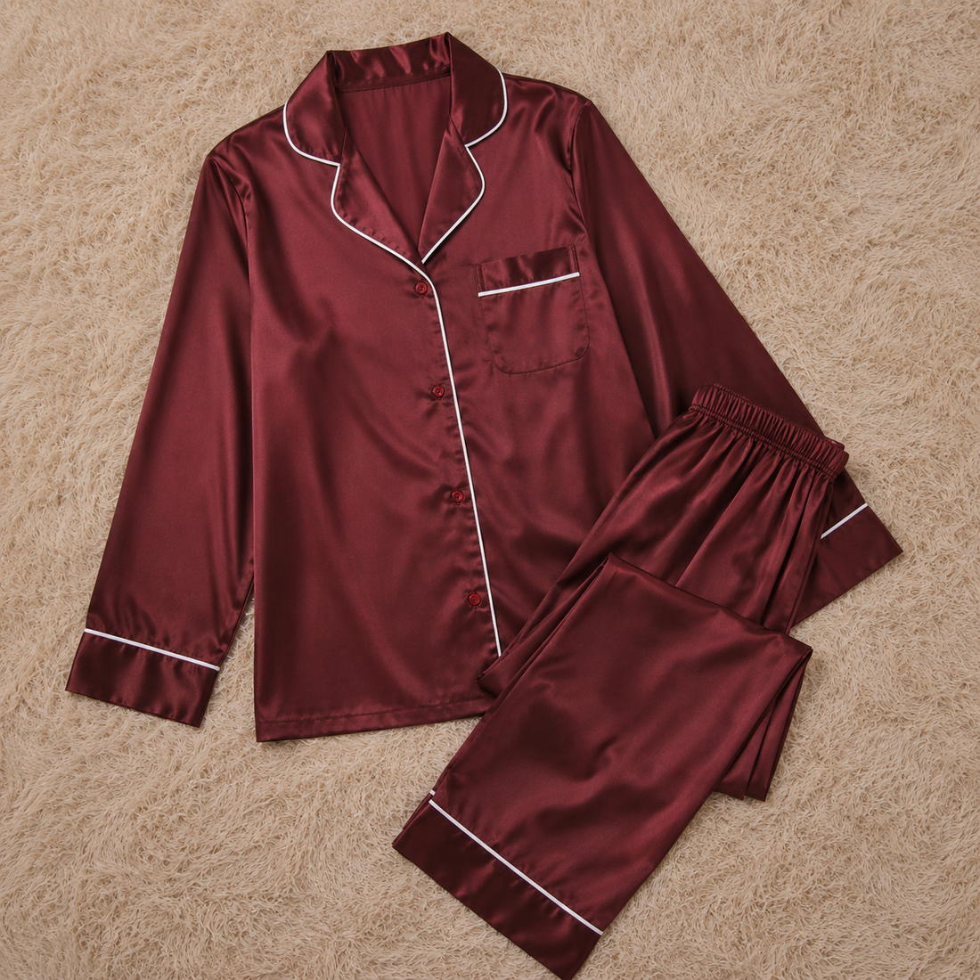 Long burgundy pajama set laid out on cream carpet