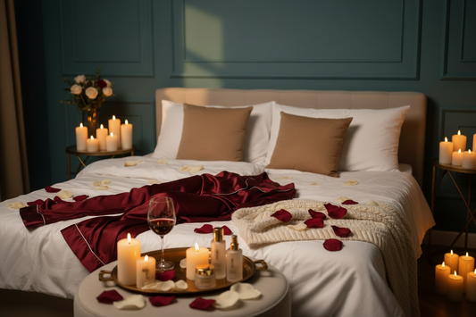 Image of self-care bedroom with lit candles and comfy bed with pajama set and rose petals on the bed