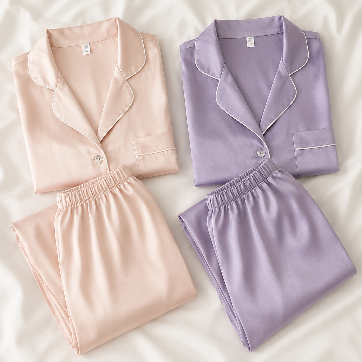 Two folded satin pajama sets on a white fabric background, one in pale blush pink and one in light lavender purple, both with white piping trim.